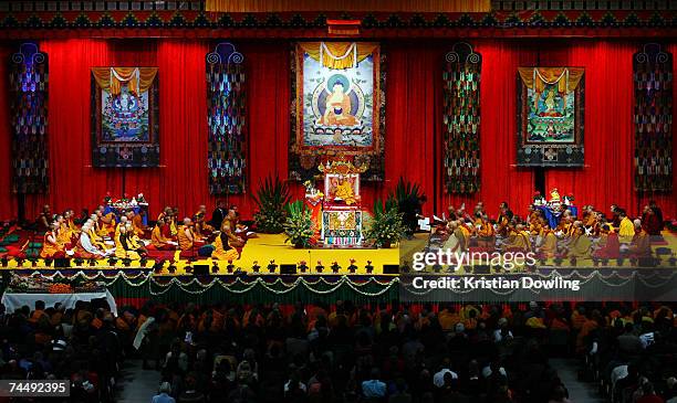 The Dalai Lama talks during his Teaching session 3 ? Blessing: Manjushri Empowerment at Rod Laver Arena June 10, 2007 in Melbourne, Australia. The...