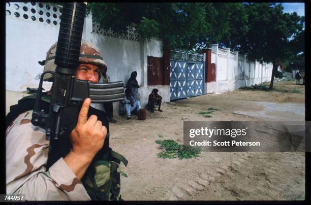 United Nations soldier poses June 6, 1993 in Mogadishu, Somalia. UN troops seized the residence of General Mohammad Aidid, a warlord responsible for...