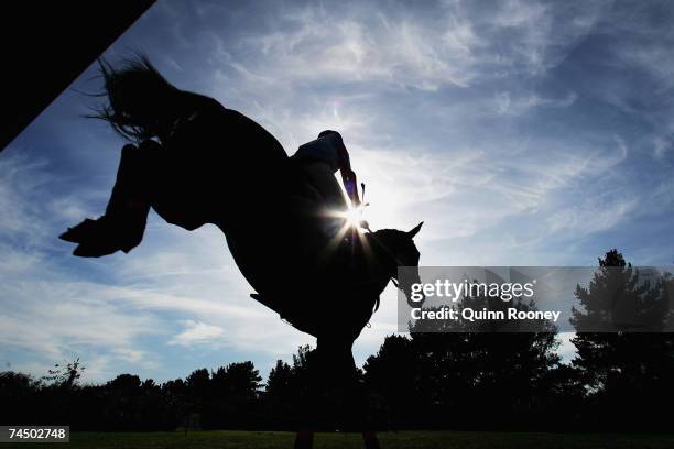 Amy Van der Sanden riding Naheeba Kramer jumps during the cross country on day two of the Melbourne International Three Day Event held at the...