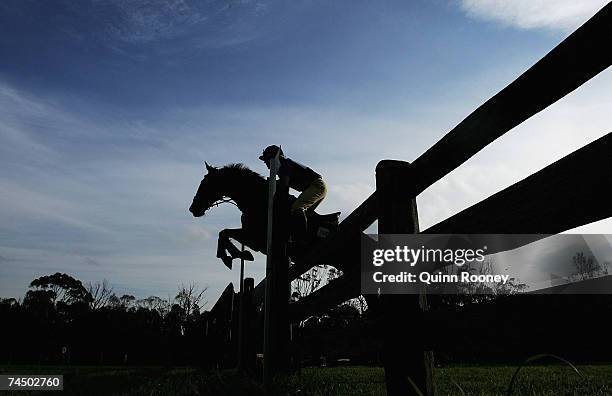 Deon Stokes riding Red Bull jumps during the cross country on day two of the Melbourne International Three Day Event held at the National Equestrian...