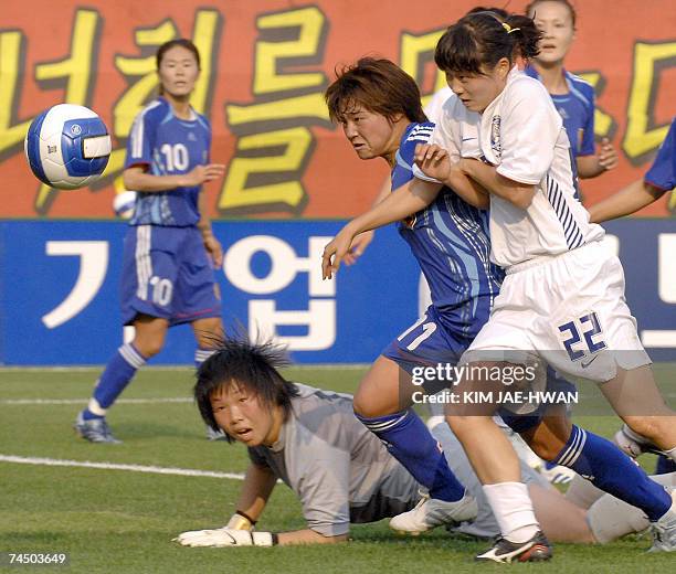 Japan's Ohno Shinobu fights against South Korea's Moon Seul-A as goalkeeper Jun Min-Kyung of South Korea watches the ball during their women's...