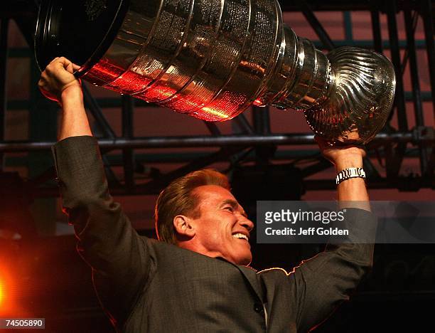 Governor Arnold Schwarzenegger of the Anaheim Ducks celebrates winning the 2007 Stanley Cup during the "Anaheim Ducks Stanley Cup Victory...