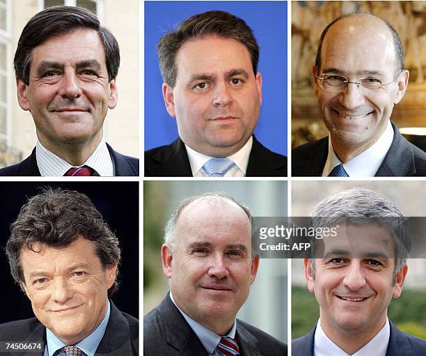 Combo made 10 June 2007 of recent pictures of French candidates for the parliamentary election and members of government Prime Minister Francois...