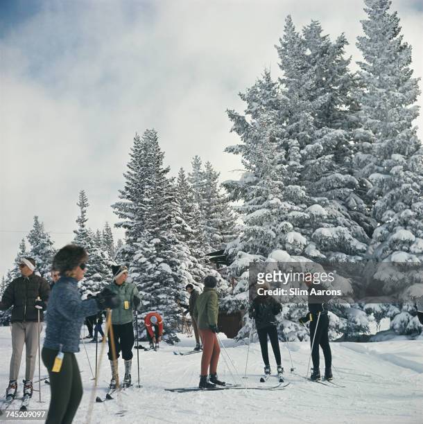 Group of skiers standing next to snow covered trees in Vail, Colorado, USA, 1964.