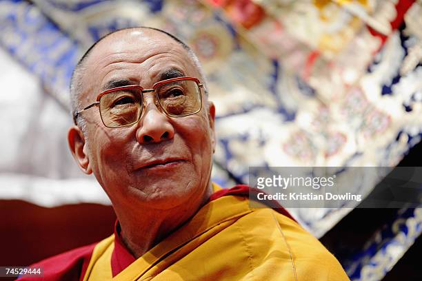 The Dalai Lama looks on during his Buddhist blessing - White Tara Long Life Empowerment at Geelong Arena June 11, 2007 in Melbourne, Australia. The...