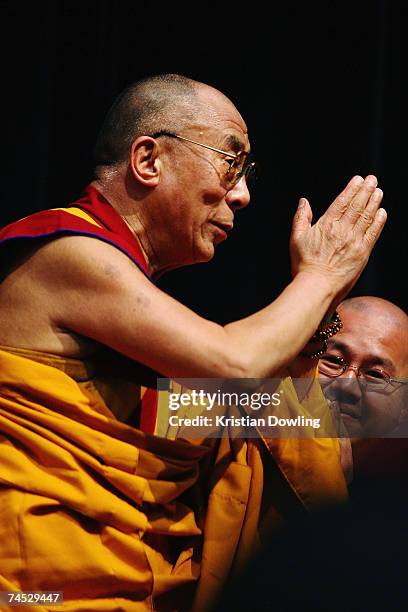 The Dalai Lama blesses attending monks during his Buddhist blessing - White Tara Long Life Empowerment at Geelong Arena June 11, 2007 in Melbourne,...