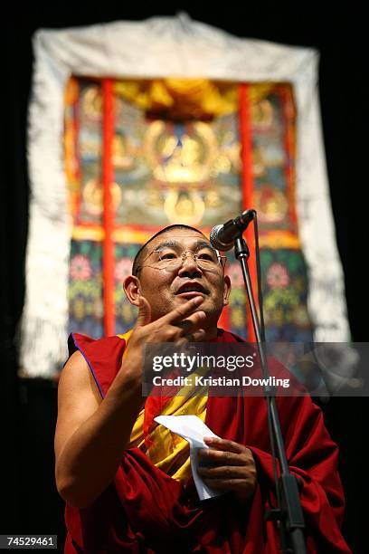 Buddhist monk Geshe Sonam Thargye speaks during the Dalai Lama's Buddhist blessing - White Tara Long Life Empowerment at Geelong Arena June 11, 2007...