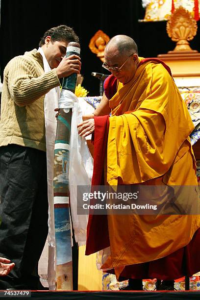 The Dalai Lama prays during his Buddhist blessing ? White Tara Long Life Empowerment at Geelong Arena on June 11, 2007 in Melbourne, Australia. The...
