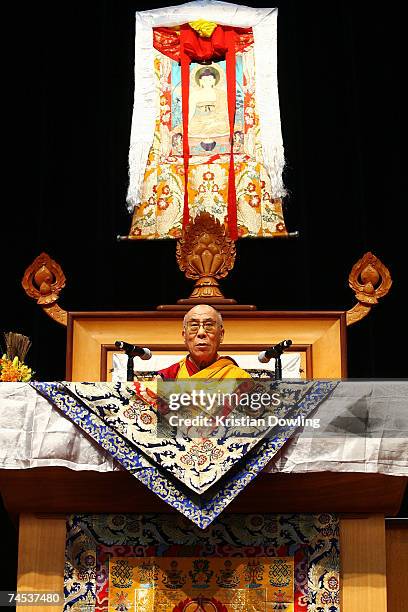 The Dalai Lama talks during his Buddhist blessing ? White Tara Long Life Empowerment at Geelong Arena on June 11, 2007 in Melbourne, Australia. The...