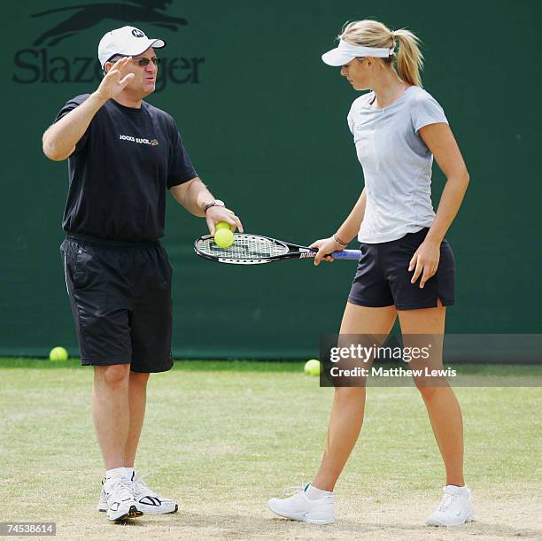 Yuri Sharapova gives instructions to his daughter Maria Sharapova of Russia during the DFS Classic at the Edgbaston Priory Club on June 11, 2007 in...