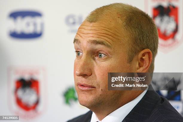 Dragons coach Nathan Brown speaks to the media in a post match press conference after the round 13 NRL match between the St George Illawarra Dragons...