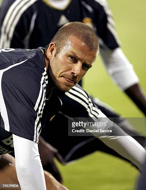 David Beckham of Real Madrid looks on prior to the La Liga match between Real Zaragoza and Real Madrid at the Romareda stadium on June 9, 2007 in...
