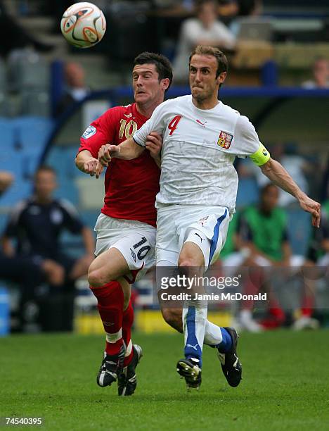 David Nugent of England battles with Roman Hubnik of Czech Republic during the UEFA U21 Championship, group B match between Czech Republic U21 and...