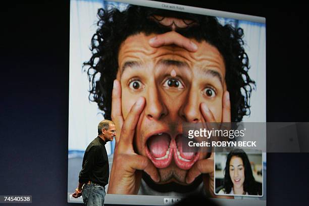 San Francisco, UNITED STATES: Apple Inc. CEO Steve Jobs discuss iChat Video Conferencing with new Photo Booth Effects during his keynote address on...