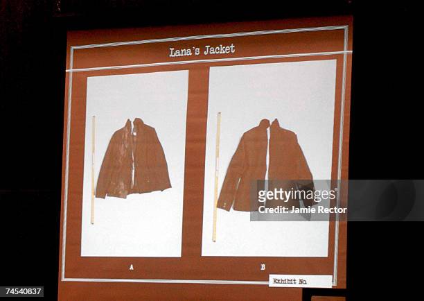 Photos of the jacket worn by actress Lana Clarkson on the day she died are shown during the trial of music producer Phil Spector June 11, 2007 in Los...
