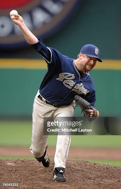 Scott Linebrink of the San Diego Padres pitches during a baseball game against the Washington Nationals on June 3, 2007 at RFK Stadium in Washington...