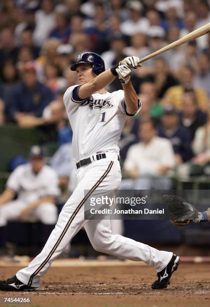 Corey Hart of the Milwaukee Brewers swings at the pitch against the Chicago Cubs at Miller Park on June 4, 2007 in Milwaukee, Wisconsin.