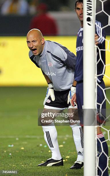 Goalkeeper Matt Reis of the New England Revolution yells to teammates prior to a corner kick by the Los Angeles Galaxy during their MLS match on May...