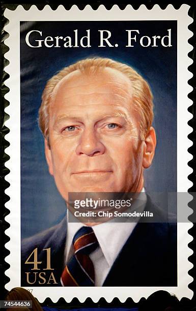 The new commemorative stamp with the image of former U.S. President Gerald R. Ford was unveiled during the Ford Foundation reception and dinner June...