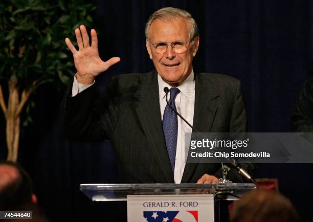 Former Ford and Bush Administration Secretary of Defense Donald Rumsfeld delivers comments while being honored during the Ford Foundation reception...