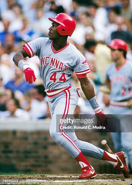 Eric Davis of the Cincinnati Reds batting during a game against the Chicago Cubs in September 1988 in Chicago, Illinois.