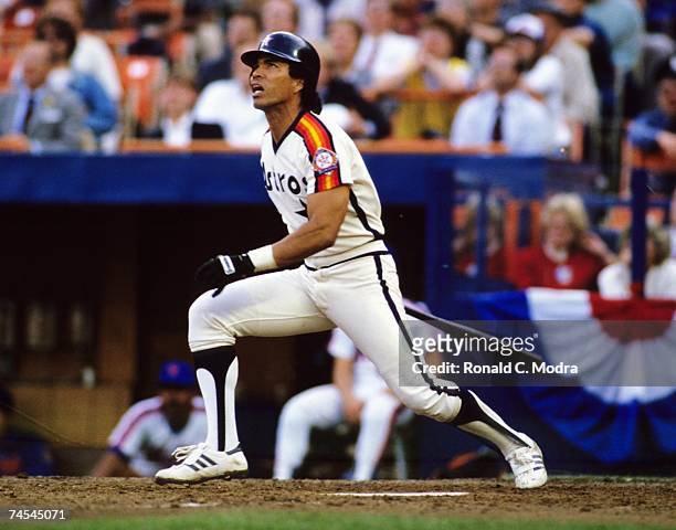 Jose Cruz of the Houston Astros batting against the New York Mets during the League Championship Series at Shea Stadium in October 1986.