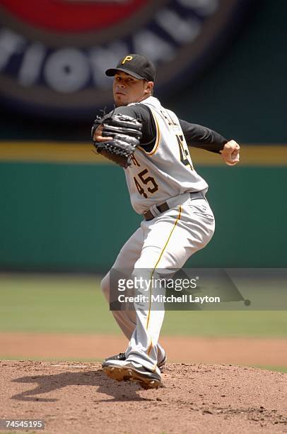 Ian Snell of the Pittsburgh Pirates pitches during a baseball game against the Washington Nationals on June 7, 2007 at RFK Stadium in Washington D.C....