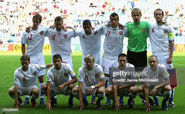The Czech Republic team pose for a team photograph before the UEFA U21 Championship, group B match between Czech Republic U21 and England U21 at the...