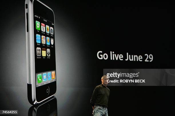 San Francisco, UNITED STATES: Apple Inc. CEO Steve Jobs discusses the iPhone during his keynote address on the opening day of the Apple Worldwide...