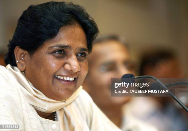 Chief minister of the Indian state of Uttar Pradesh, Mayawati speaks during a press confrence in New Delhi, 12 June 2007. During the conference...
