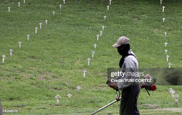 Un trabajador del Cementerio para ciudadanos franceces que fallecieron durante la construccion del Canal de Panama, corta la grama 07 de junio de...