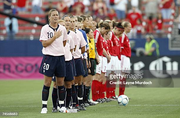 Abby Wambach of the USA Women's Soccer Team stands for the national anthems before the match against the Canadian Women's Soccer Team on May 12, 2007...