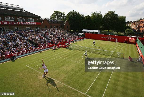 General view of number one court during the doubles first round match between Tim Henman of Great Britain and Lleyton Hewitt of Australia and Jordan...