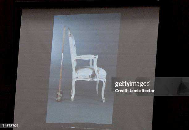 The chair where actress Lana Clarkson was found dead of a gunshot wound to the mouth is shown during the trial of music producer Phil Spector June...