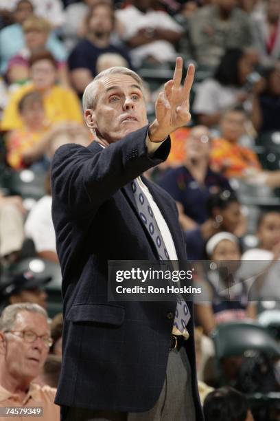 Head Coach Brian Winters of the Indiana Fever calls a play against the Washington Mystics during the WNBA game on June 3, 2007 at Conseco Fieldhouse...