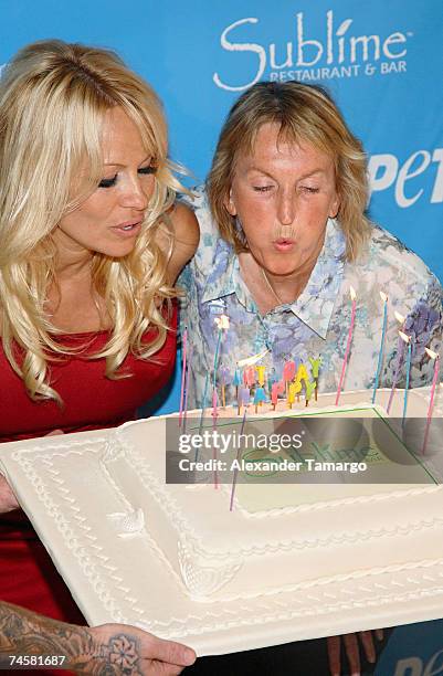 Pamela Anderson and Ingrid E. Newkirk arrive at Sublime restaurant where PETA hosted Pamela Anderson's 40th birthday on June 12, 2007 in Ft....