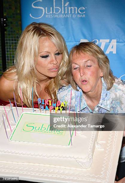 Pamela Anderson and Ingrid E. Newkirk arrive at Sublime restaurant where PETA hosted Pamela Anderson's 40th birthday on June 12, 2007 in Ft....