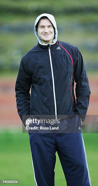 Injured All Black lock Ali Williams looks on during the team training at Rugby League Park June 13, 2007 in Wellington, New Zealand.