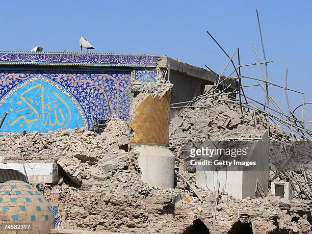 The destroyed golden minarets are seen at the shrine of the Askariya mosque on June 13, 2007 in the city of Samarra, north of Baghdad, Iraq....