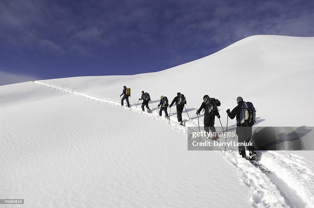 Group of people climbing in snow, low angle view, rear view