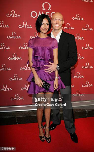 Swimmer Michael Klim and his wife Lindy Klim arrive at the opening of the new Sydney OMEGA Boutique at Martin Place on June 13, 2007 in Sydney,...