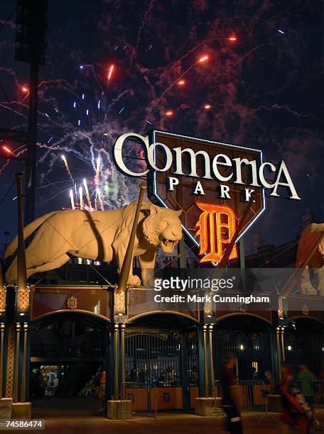 General view of Comerica Park post-game fireworks after the game between the Detroit Tigers and the New York Mets at Comerica Park in Detroit,...