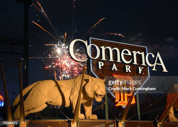 General view of Comerica Park post-game fireworks after the game between the Detroit Tigers and the New York Mets at Comerica Park in Detroit,...