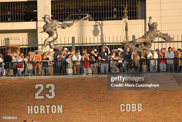 General view of Comerica Park statues of Willie Horton and Ty Cobb during the game between the Detroit Tigers and the New York Mets at Comerica Park...