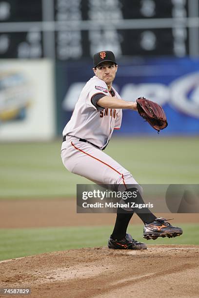 Barry Zito of the San Francisco Giants pitches during the game against the Oakland Athletics at the McAfee Coliseum in Oakland, California on May 18,...