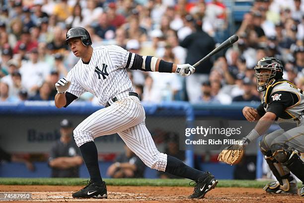 Alex Rodriguez of the New York Yankees bats during the game against the Pittsburgh Pirates at the Yankee Stadium in the Bronx, New York on June 9,...