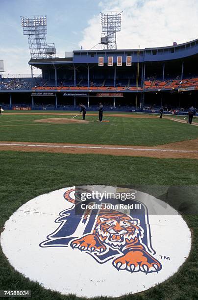 View of the Detroit Tigers logo displayed on the on deck circle at Tiger Stadium prior to the game between the Detroit Tigers and the Cleveland...