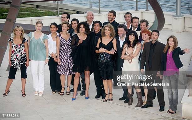 Crew including the cast of 'Mystere' with actors Marisa Berenson, Lio, Arnaud Binard, Toinette Laquiere and Babsie Steger pose for a photo on the...