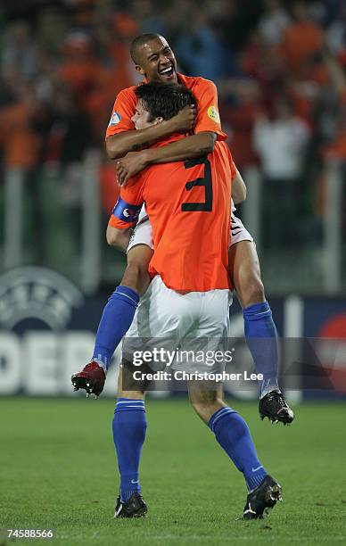 Gianni Zuiverloon of Holland celebrates their victory with Ron Vlaar during the UEFA U21 Championship Group A match between Netherlands U21 and...