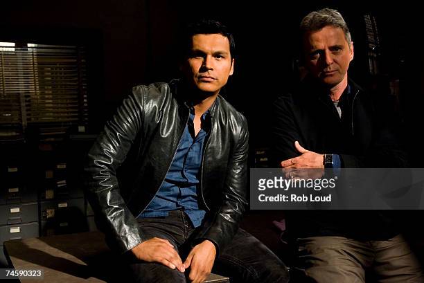 Actor Adam Beach who plays Detective Chester Lake and actor Aidan Quinn who plays Ben Nicholson pose on the set of "Law & Order: Special Victims...